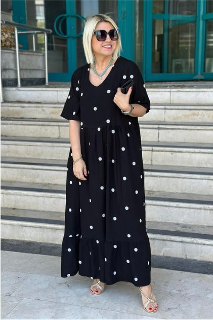 Μακρύ βαμβακερό φόρεμα με V ντεκολτέ και μαύρο κέντημα με πουά