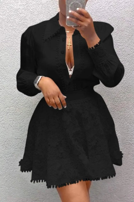 Κομψό Γυναικείο Σετ Μακρυμάνικο Πουκάμισο και Δαντέλα Φούστα