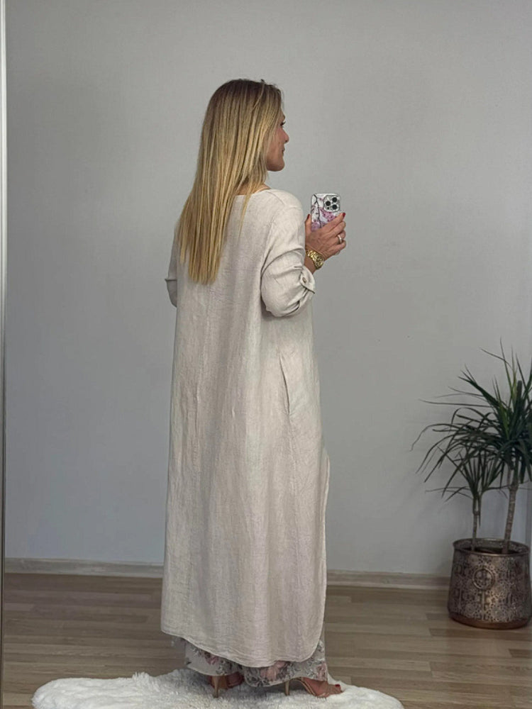 Casual κοστούμι από βαμβάκι και λινό με ακανόνιστη μπλούζα και φαρδύ παντελόνι