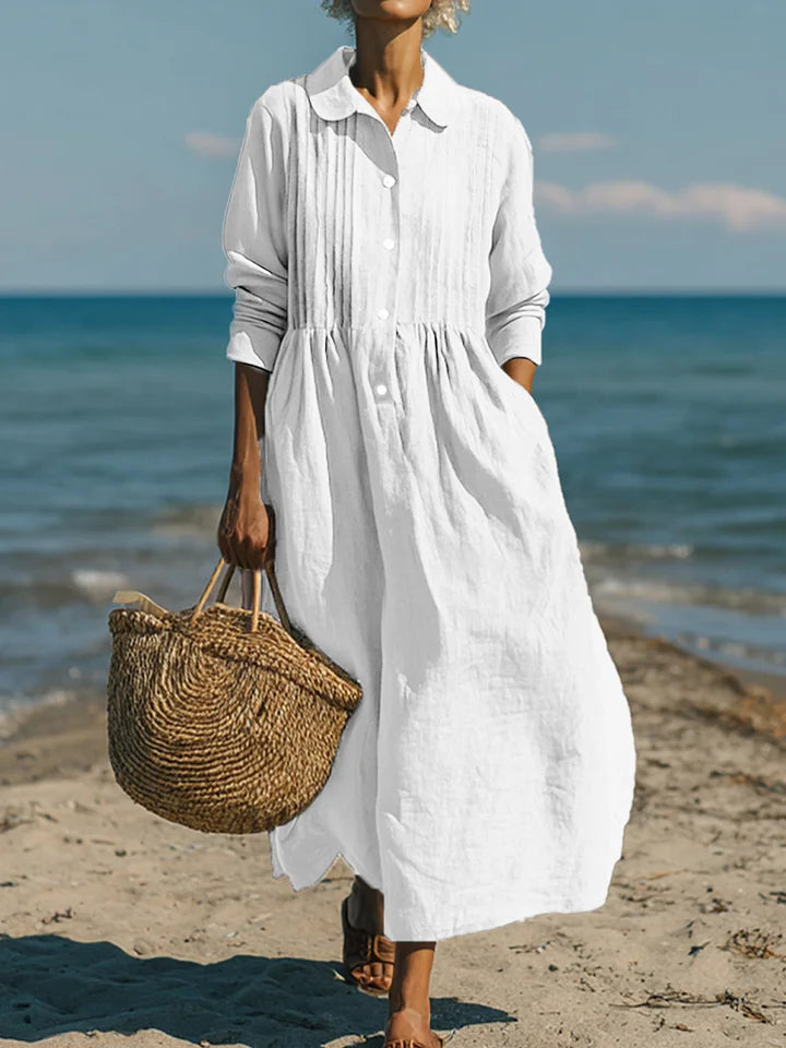 Γυναικείο casual φόρεμα από λινό και βαμβάκι με πτυχωτή τσέπη