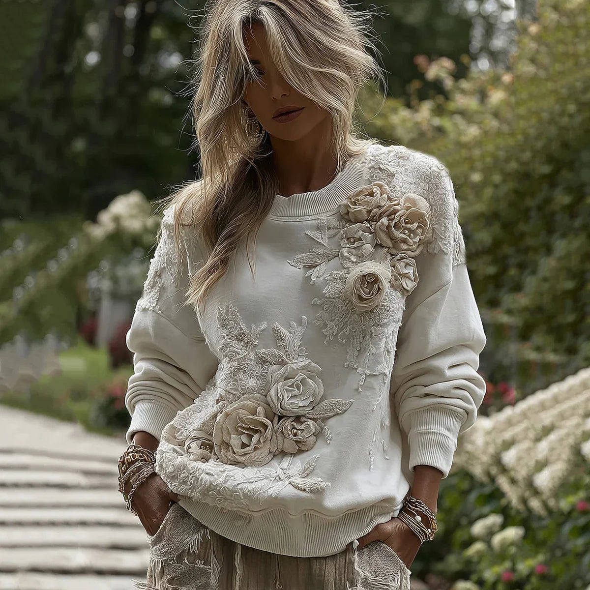 Γυναικείο vintage φούτερ με άνετο φλοράλ patchwork