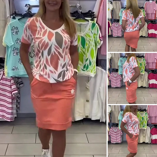 🌈Γυναικείο κομψό σετ δύο τεμαχίων με στάμπα μπλούζα και φούστα