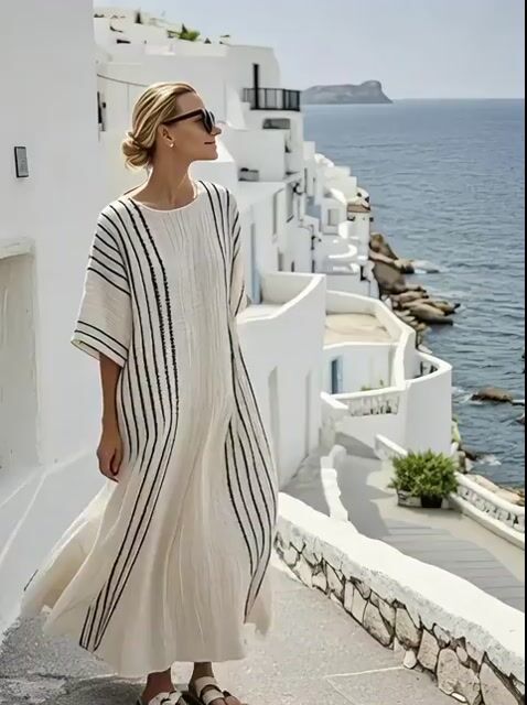 Ριγέ φόρεμα από βαμβάκι και λινό