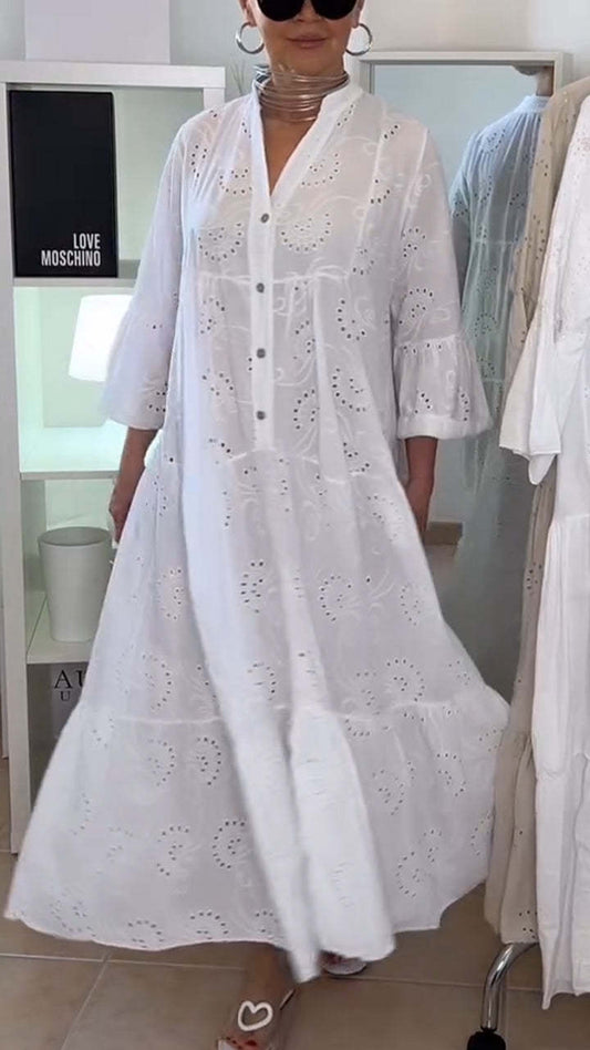 2025V-neck estampado vestido casual de decote cavado