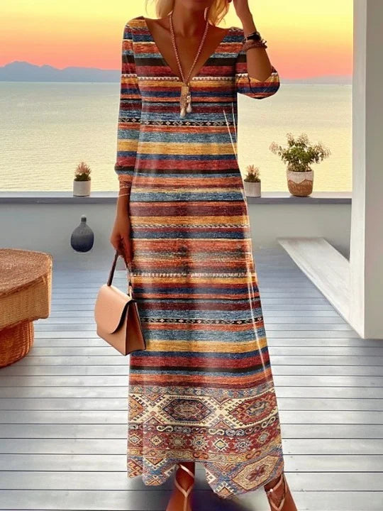 Vestido vintage comprido às riscas para mulher com gola longa e manga comprida para o dia a dia