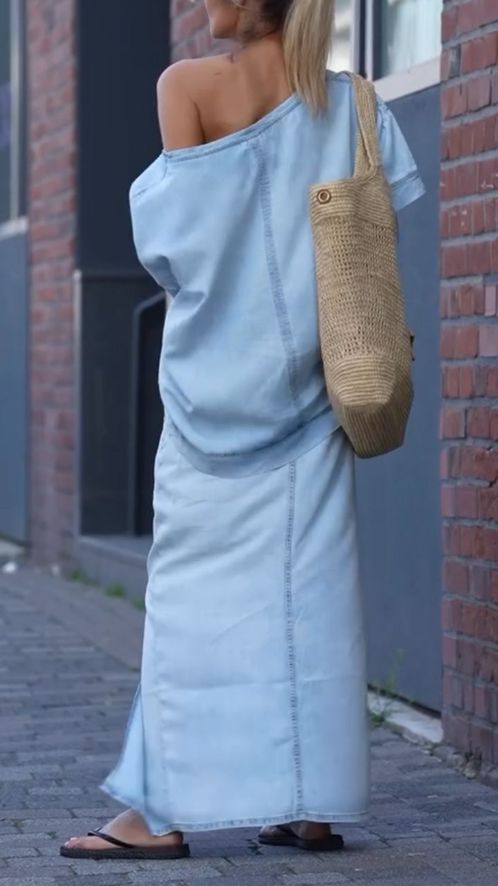 Γυναικείο casual τζιν κοστούμι Tencel με στρογγυλή λαιμόκοψη