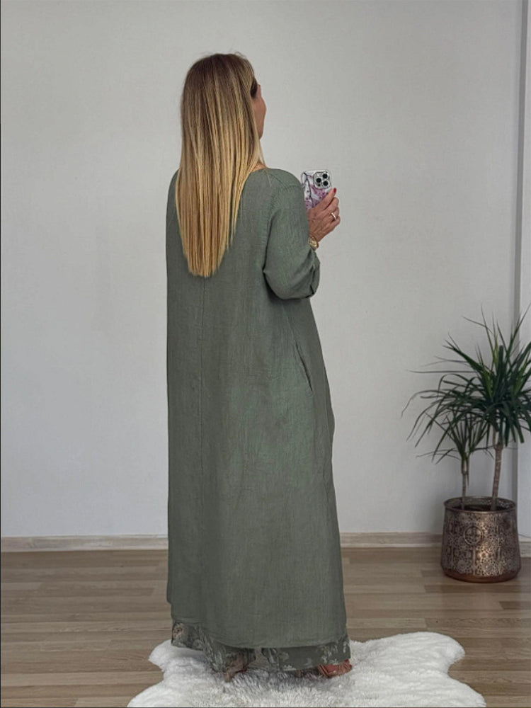 Casual κοστούμι από βαμβάκι και λινό με ακανόνιστη μπλούζα και φαρδύ παντελόνι