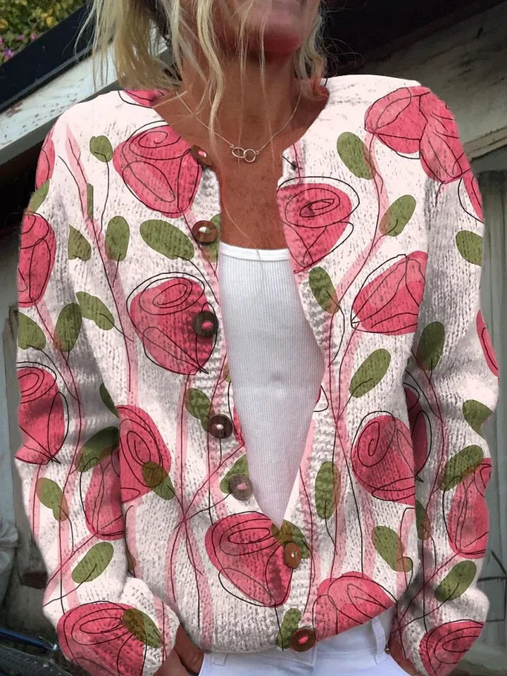 Ζακέτα με κουμπιά και τύπωμα ροζ τριαντάφυλλο