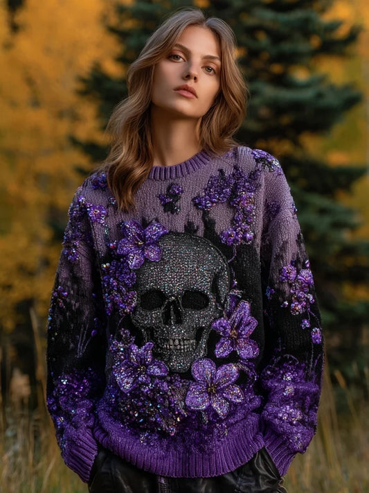Άνετο πλεκτό πουλόβερ με vintage glitter νεκροκεφαλή και κέντημα λουλουδιών