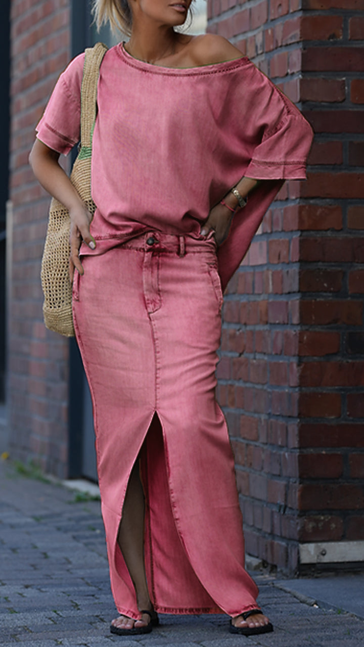 Γυναικείο casual τζιν κοστούμι Tencel με στρογγυλή λαιμόκοψη