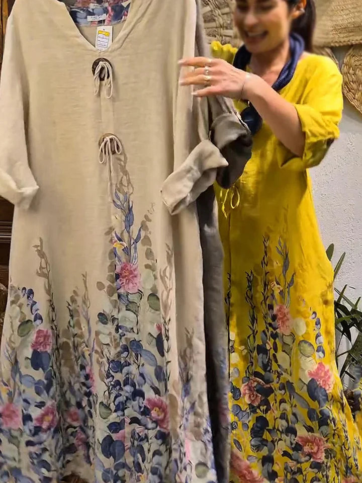 Γυναικεία ανθοδέσμη με λουλούδια, φαρδύ λινό φόρεμα