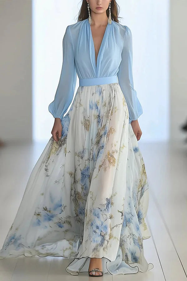 Κομψό μακρύ φόρεμα με φλοράλ τύπωμα, V ντεκολτέ και μακριά μανίκια