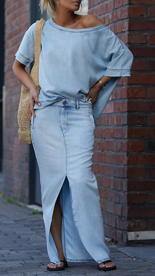 Γυναικείο casual τζιν κοστούμι Tencel με στρογγυλή λαιμόκοψη
