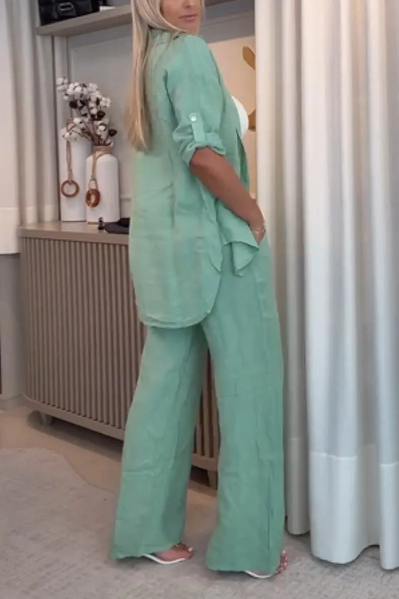 Γυναικείο casual κοστούμι από βαμβάκι και λινό με πέτα, μονόπετο, δύο τεμάχια