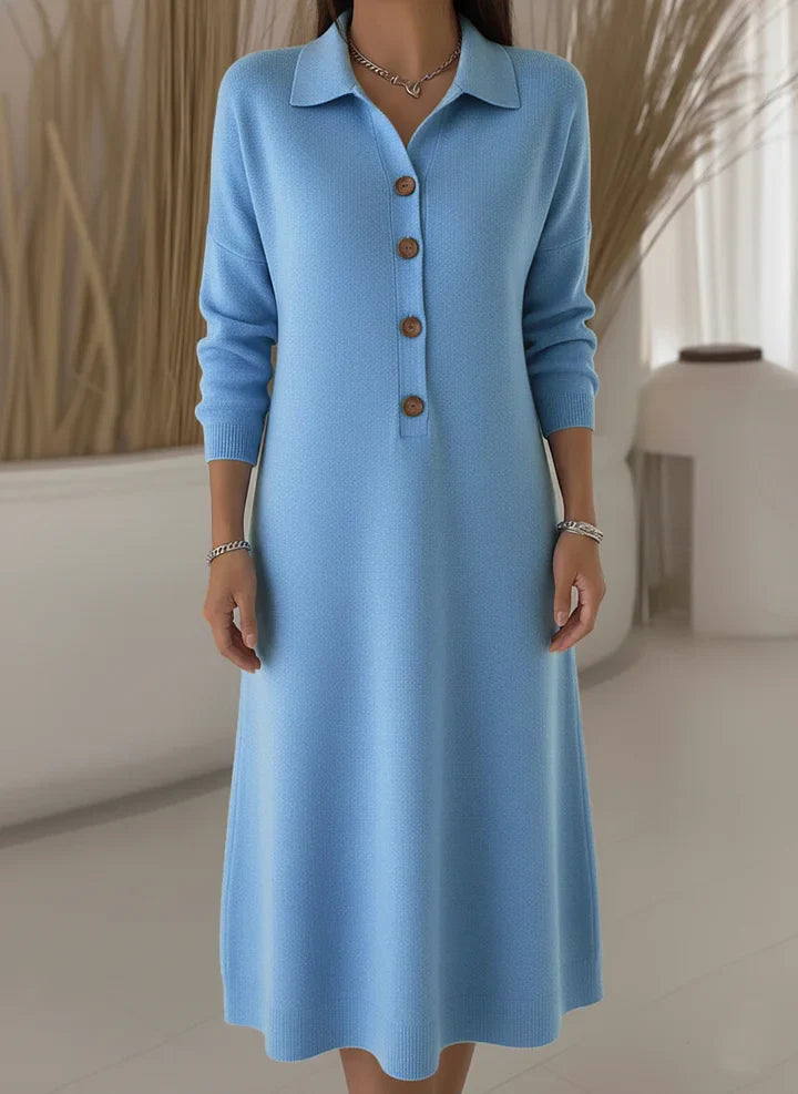 Κλασικό μονόχρωμο πλεκτό μίντι φόρεμα με κουμπιά