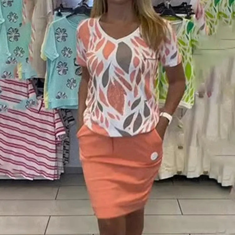🌈Γυναικείο κομψό σετ δύο τεμαχίων με στάμπα μπλούζα και φούστα