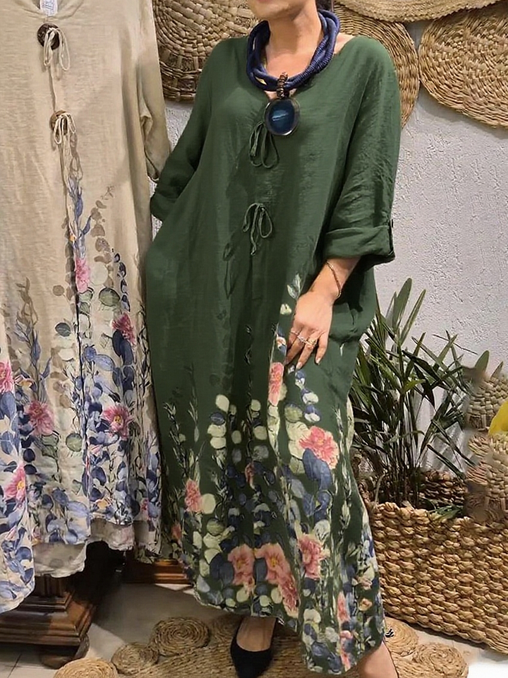 Γυναικεία ανθοδέσμη με λουλούδια, φαρδύ λινό φόρεμα