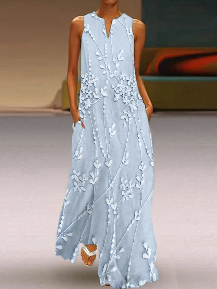 Κομψό ρέον μάξι φόρεμα με φλοράλ κεντημένη δαντέλα