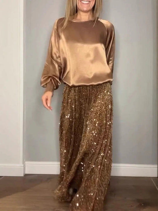 ✨Σετ δύο τεμαχίων, μακρυμάνικο τοπ και μακριά φούστα με παγιέτες