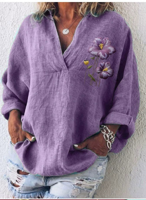 Γυναικείο casual πουκάμισο σε μωβ λαιμόκοψη με φλοράλ μοτίβο