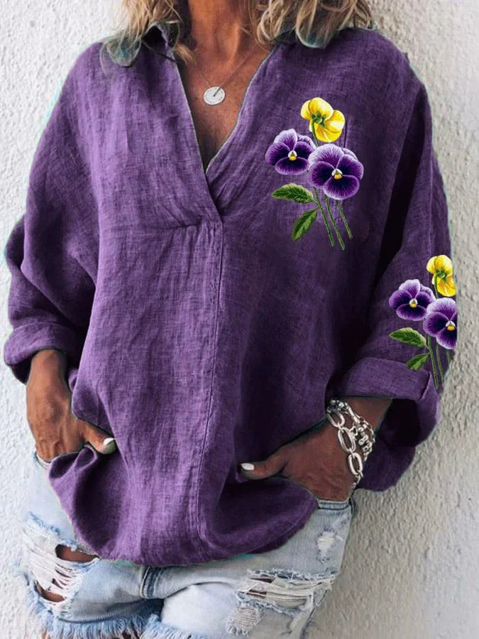 Γυναικείο casual πουκάμισο σε μωβ λαιμόκοψη με φλοράλ μοτίβο