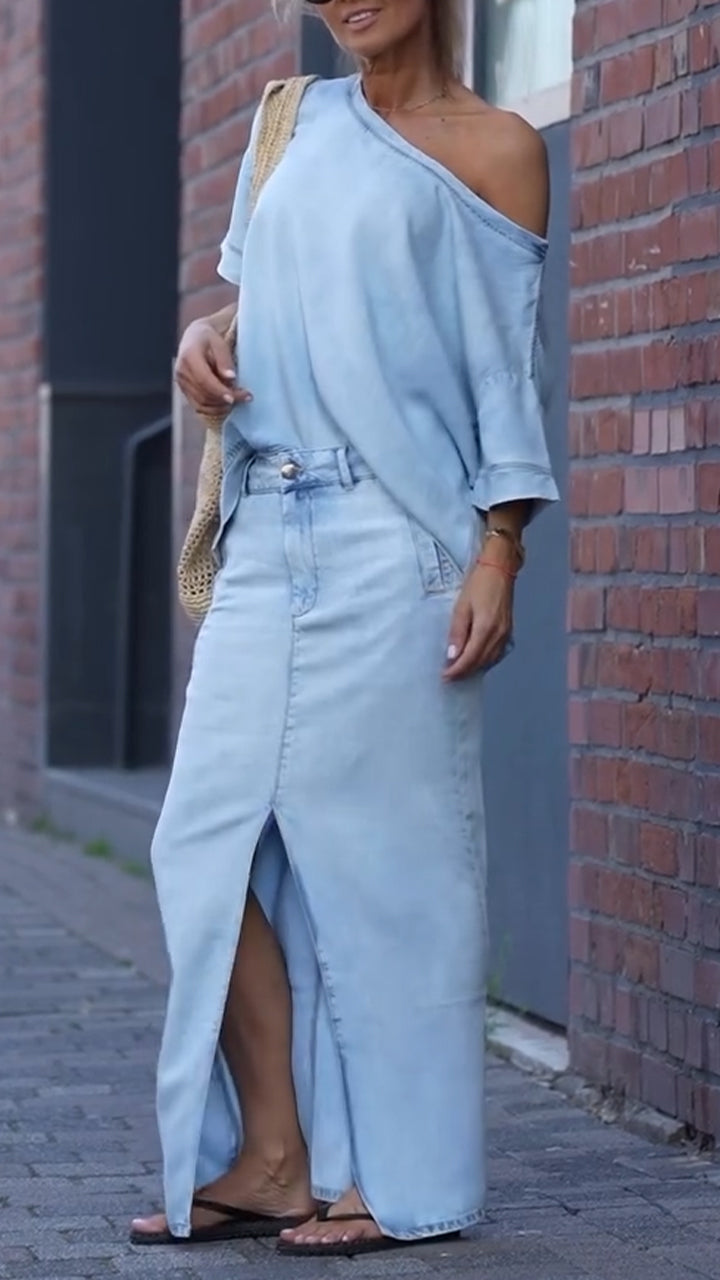 Γυναικείο casual τζιν κοστούμι Tencel με στρογγυλή λαιμόκοψη