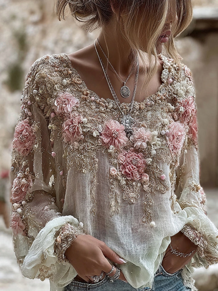 Γυναικείο μπλουζάκι με μακριά μανίκια και στρογγυλή λαιμόκοψη, από μείγμα λινού