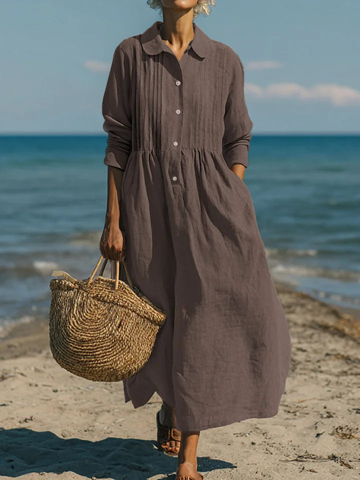Γυναικείο casual φόρεμα από λινό και βαμβάκι με πτυχωτή τσέπη