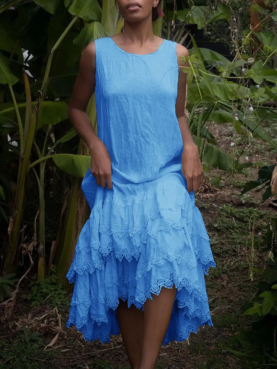 Μονόχρωμο αμάνικο φόρεμα με δαντέλα