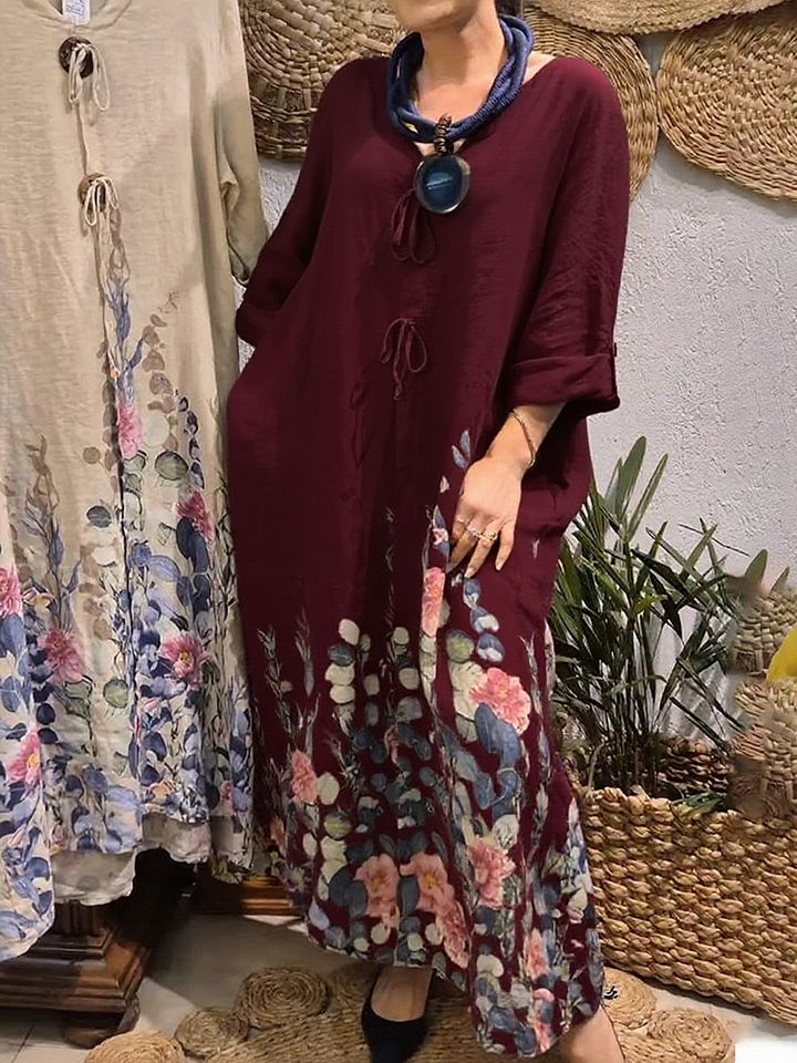 Γυναικεία ανθοδέσμη με λουλούδια, φαρδύ λινό φόρεμα