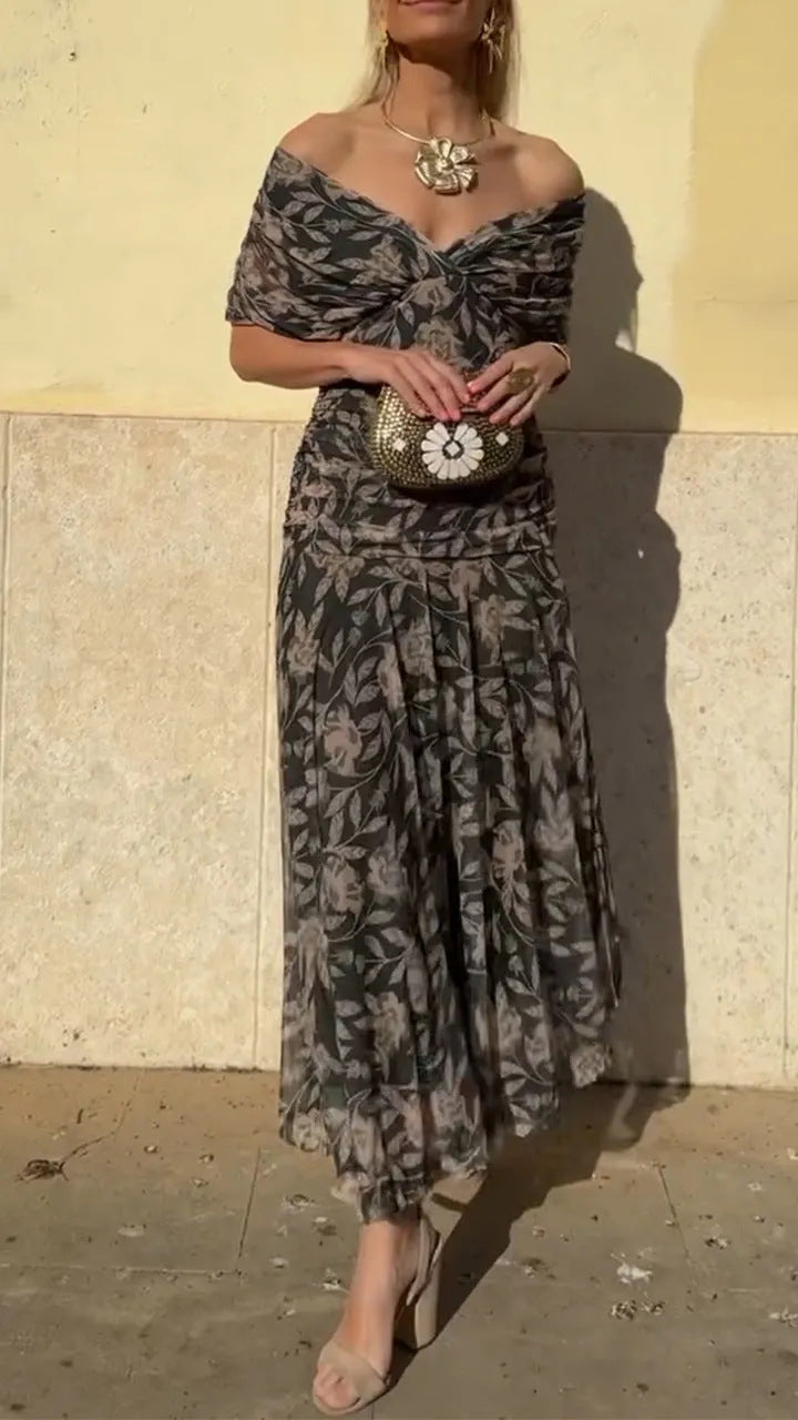 Φόρεμα με στάμπα για κορίτσια με V ντεκολτέ και έξω τους ώμους