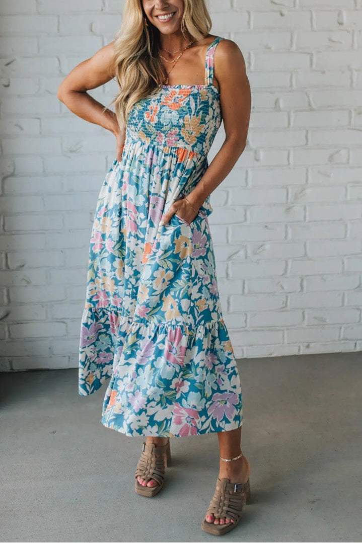 Μίντι φόρεμα με τιράντες και φλοράλ τύπωμα