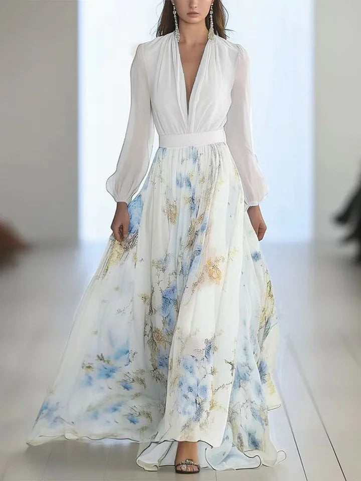 Κομψό μακρύ φόρεμα με φλοράλ τύπωμα, V ντεκολτέ και μακριά μανίκια