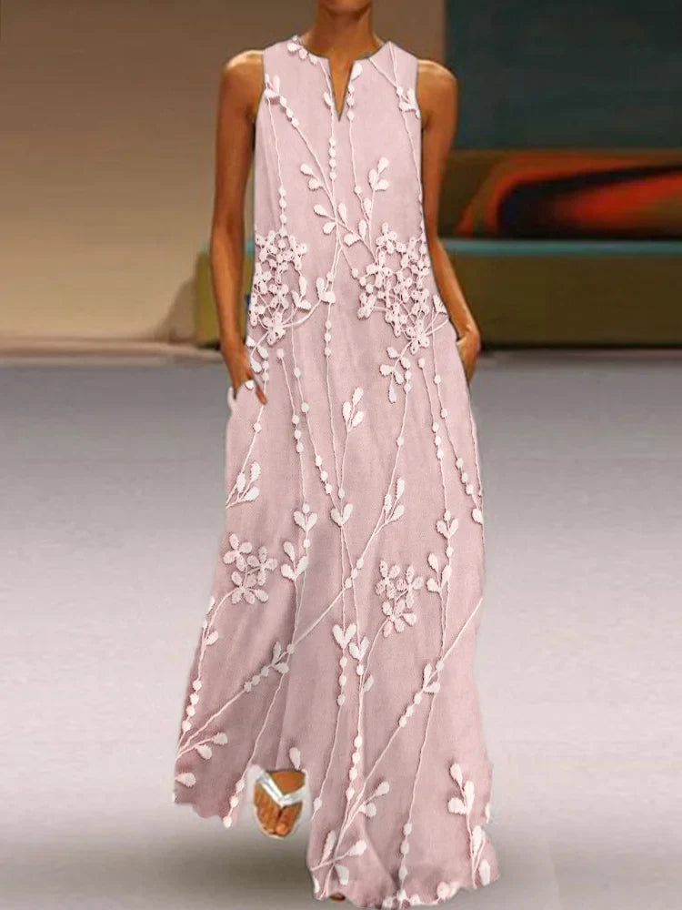 Κομψό ρέον μάξι φόρεμα με φλοράλ κεντημένη δαντέλα