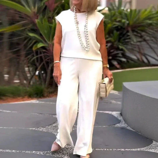 💖Γυναικείο βαμβακερό λινό αμάνικο μπλουζάκι και παντελόνι