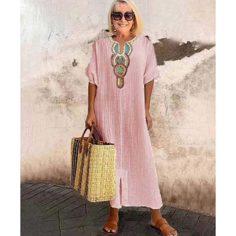 [S-4XL]🌿 Φόρεμα με φαρδιά γραμμή και κέντημα από βαμβάκι και λινό