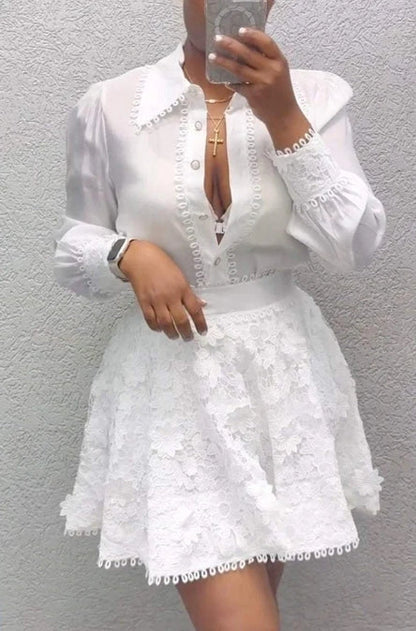 Κομψό Γυναικείο Σετ Μακρυμάνικο Πουκάμισο και Δαντέλα Φούστα