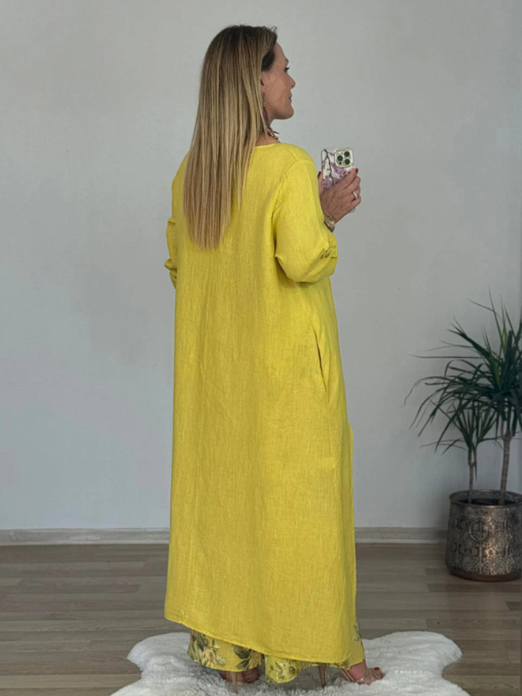 Casual κοστούμι από βαμβάκι και λινό με ακανόνιστη μπλούζα και φαρδύ παντελόνι