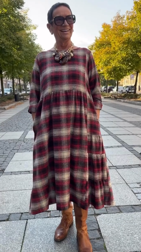 💥🔥👗【S-5XL】Ρετρό καρό φόρεμα με μανίκια τριών τετάρτων