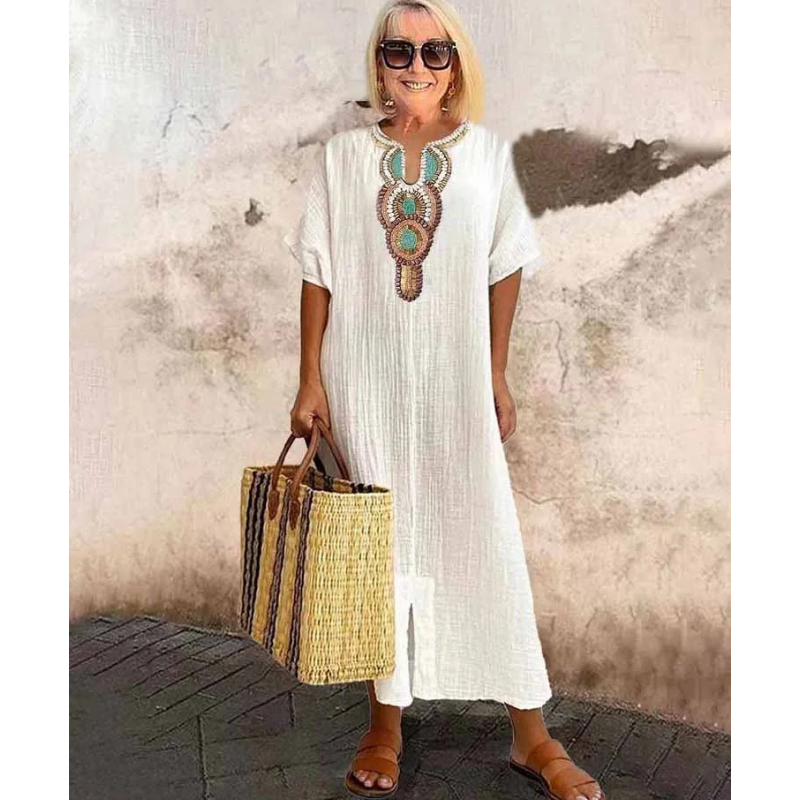 [S-4XL]🌿 Φόρεμα με φαρδιά γραμμή και κέντημα από βαμβάκι και λινό