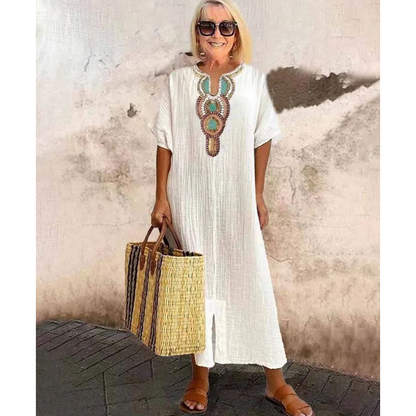 [S-4XL]🌿 Φόρεμα με φαρδιά γραμμή και κέντημα από βαμβάκι και λινό
