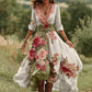 Γυναικείο vintage φόρεμα με φλοράλ ντεκολτέ και V λαιμόκοψη από λινό μείγμα 2025