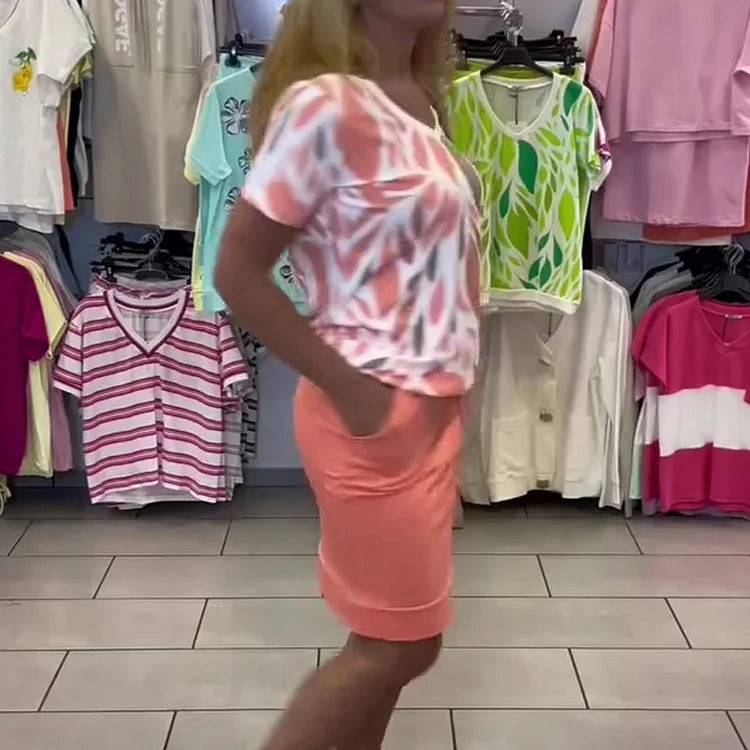 🌈Γυναικείο κομψό σετ δύο τεμαχίων με στάμπα μπλούζα και φούστα