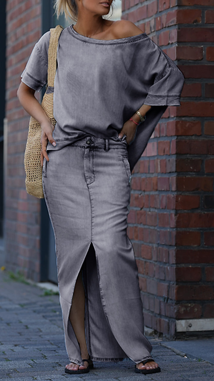 Γυναικείο casual τζιν κοστούμι Tencel με στρογγυλή λαιμόκοψη