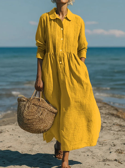 Γυναικείο casual φόρεμα από λινό και βαμβάκι με πτυχωτή τσέπη