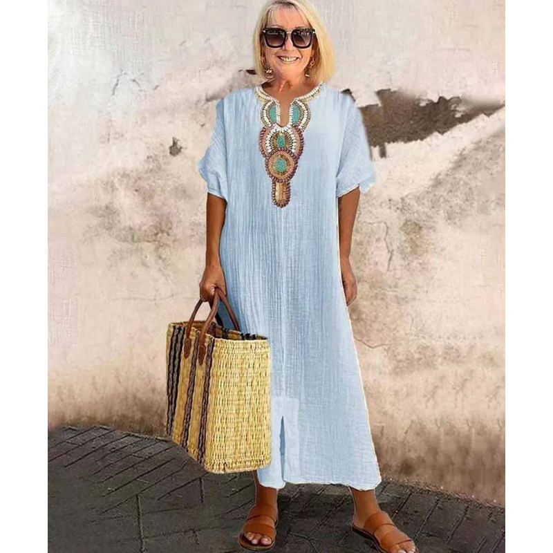[S-4XL]🌿 Φόρεμα με φαρδιά γραμμή και κέντημα από βαμβάκι και λινό