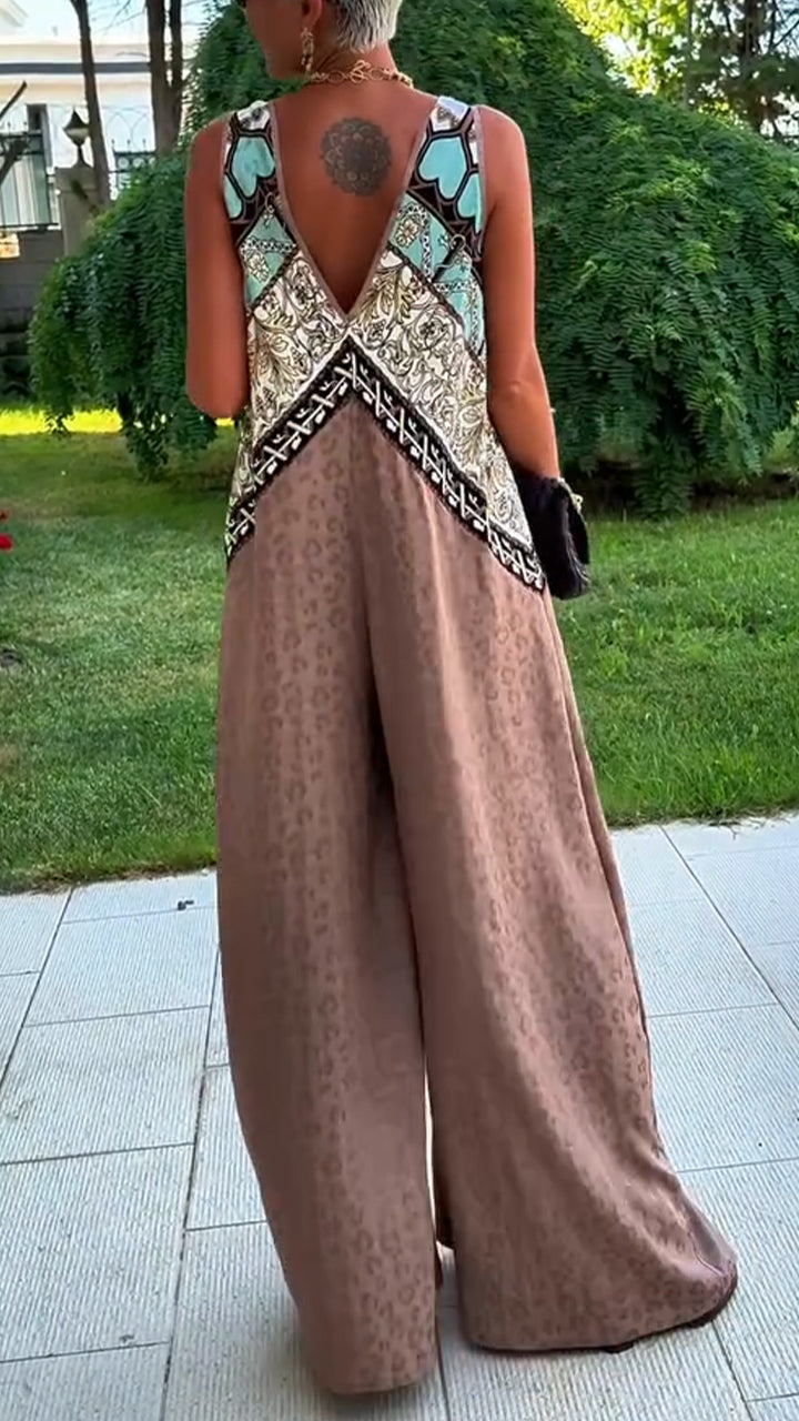 Γυναικεία χαλαρή, casual ολόσωμη φόρμα με V λαιμόκοψη και στάμπα Patchwork