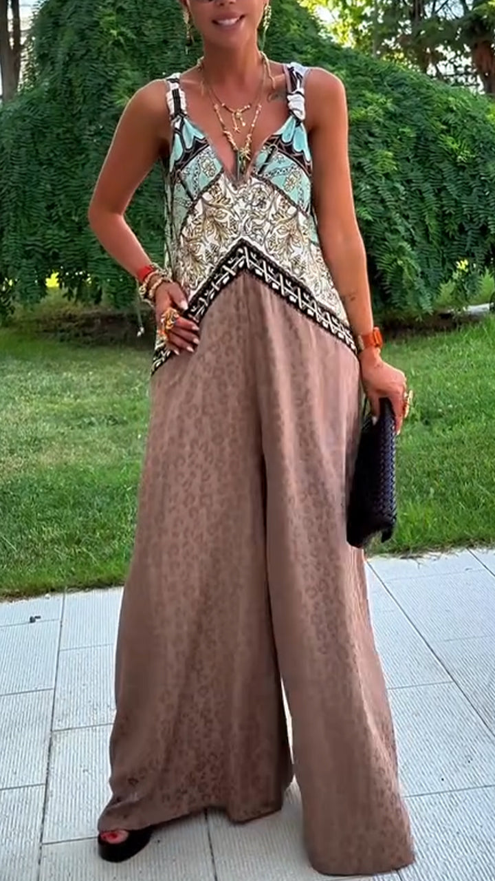 Γυναικεία χαλαρή, casual ολόσωμη φόρμα με V λαιμόκοψη και στάμπα Patchwork