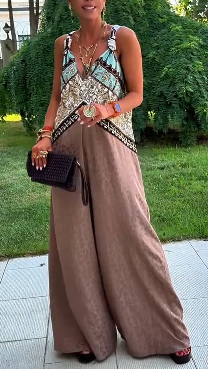 Γυναικεία χαλαρή, casual ολόσωμη φόρμα με V λαιμόκοψη και στάμπα Patchwork