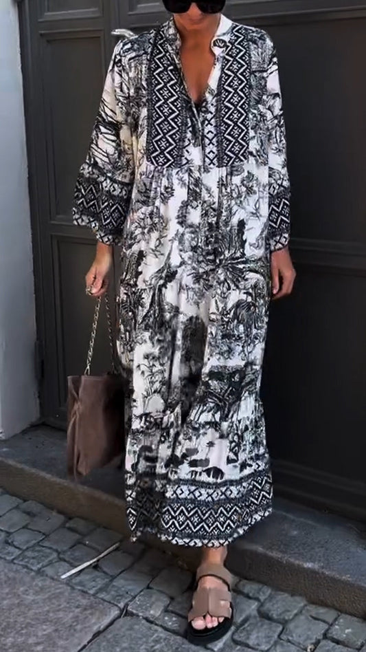 Γυναικείο χαλαρό casual φόρεμα με τύπωμα γιακά